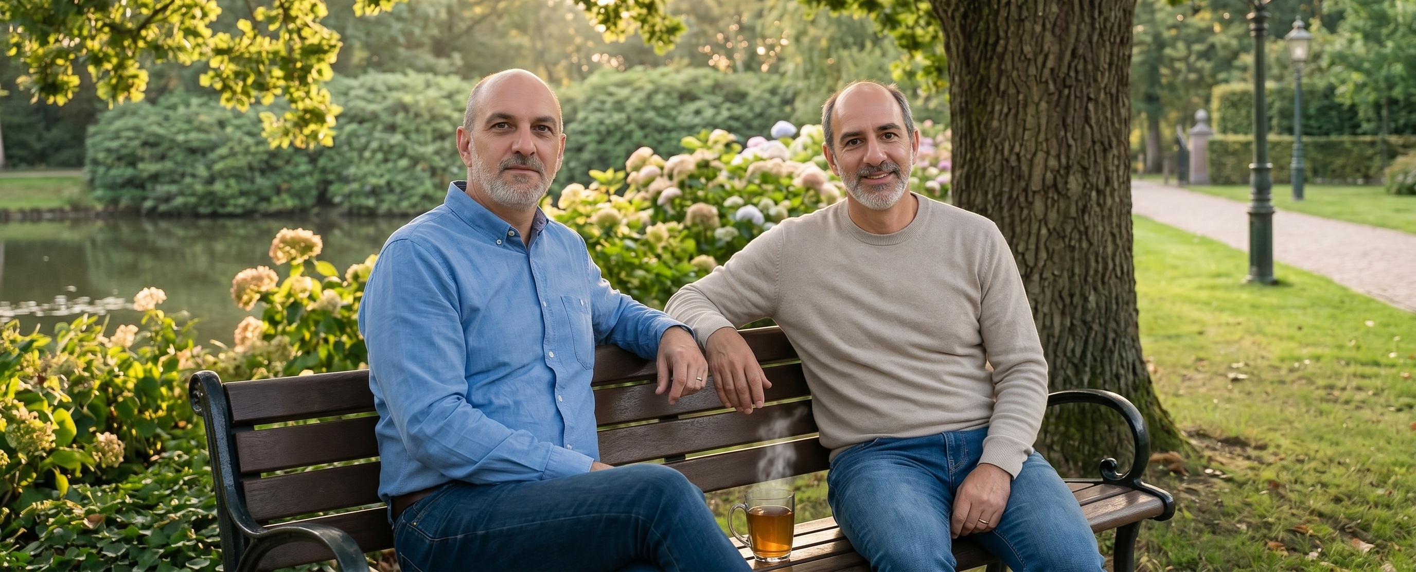 Ricardo Luiz Brun e Richard LB sentados em um banco